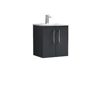 nuie ARN1421G Arno Modern Bathroom Wall Hung 2 Door Vanity Unit & Curved Ceramic Basin, 500mm, Soft Black