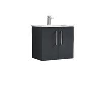 nuie ARN1423B Arno Modern Bathroom Wall Hung 2 Door Vanity Unit & Minimalist Ceramic Basin, 600mm, Soft Black