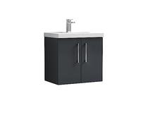 nuie ARN1423D Arno Modern Bathroom Wall Hung 2 Door Vanity Unit & Thin-Edge Ceramic Basin, 600mm, Soft Black