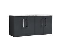 nuie ARN1423LCM2 Arno Modern Bathroom Wall Hung 4 Close Door Vanity Unit and Carrera Marble Laminate Worktop, 1200mm, Soft Black