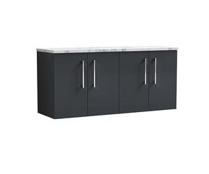 nuie ARN1423LCM2 Arno Modern Bathroom Wall Hung 4 Soft Close Door Vanity Unit and Carrera Marble Laminate Worktop, 1200mm, Soft Black
