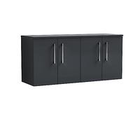 nuie ARN1423W2 Arno Modern Bathroom Wall Hung 4 Door Vanity Unit & Worktop, 1200mm, Soft Black