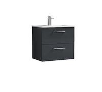 nuie ARN1424B Arno Modern Bathroom Wall Hung 2 Drawer Vanity Unit & Minimalist Ceramic Basin, 600mm, Soft Black