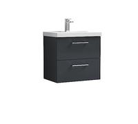 nuie ARN1424D Arno Wall Hung 2 Drawer Vanity Unit & Thin-Edge Ceramic Basin, 600mm, Soft Black