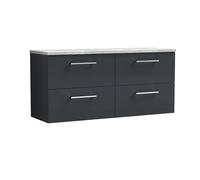nuie ARN1424LBG2 Arno Modern Bathroom Wall Hung 4 Soft Close Drawer Vanity Unit and Bellato Grey Laminate Worktop, 1200mm, Soft Black
