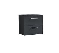 nuie ARN1424W Arno Wall Hung 2 Drawer Vanity Unit & Worktop, 600mm, Soft Black, Small