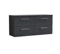 nuie ARN1424W2 Arno Modern Bathroom Wall Hung 4 Drawer Vanity Unit & Worktop, 1200mm, Soft Black