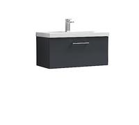 nuie ARN1425D Arno Modern Bathroom Wall Hung 1 Drawer Vanity Unit & Thin-Edge Ceramic Basin, 800mm, Soft Black