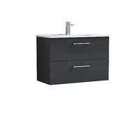 nuie ARN1426B Arno Modern Bathroom Wall Hung 2 Drawer Vanity Unit & Minimalist Ceramic Basin, 800mm, Soft Black