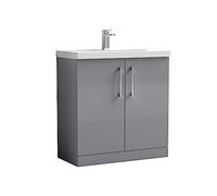 nuie ARN2205D Arno Modern Bathroom Floor Standing 2 Door Vanity Unit & Thin-Edge Ceramic Basin, 800mm, Satin Grey
