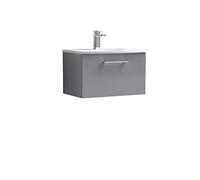 nuie ARN2222G Arno Modern Bathroom Wall Hung 1 Drawer Vanity Unit & Curved Ceramic Basin, 600mm, Satin Grey