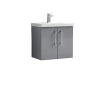 nuie ARN2223A Arno Wall Hung 2 Door Vanity Unit & Mid-Edge Ceramic Basin, 600mm, Satin Grey