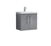 nuie ARN2223D Arno Modern Bathroom Wall Hung 2 Door Vanity Unit & Thin-Edge Ceramic Basin, 600mm, Satin Grey