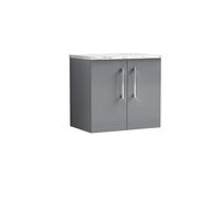 nuie ARN2223LCM Arno Modern Bathroom Wall Hung 2 Soft Close Door Vanity Unit and Carrera Marble Laminate Worktop, 600mm, Satin Grey