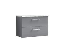 nuie ARN2226LCM Arno Modern Bathroom Wall Hung 2 Soft Close Drawer Vanity Unit and Carrera Marble Laminate Worktop, 800mm, Satin Grey