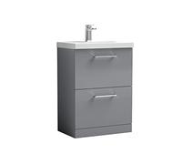 nuie ARN2233D Arno Modern Bathroom Floor Standing 2 Drawer Vanity Unit & Thin-Edge Ceramic Basin, 600mm, Satin Grey