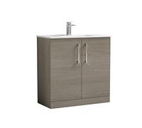 nuie ARN2505B Arno Modern Bathroom Floor Standing 2 Door Vanity Unit with Minimalist Ceramic Basin, 800mm, Woodgrain Solace Oak