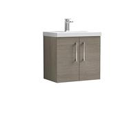 Nuie Arno Woodgrain Wall Hung 2 Door Vanity Unit and Thin Edge Ceramic Basin | Solace Oak | MDF | 600mm