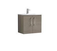 nuie ARN2523G Arno Modern Bathroom Wall Hung 2 Door Vanity Unit with Curved Ceramic Basin, Solace Oak