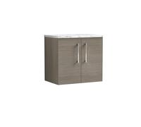 nuie ARN2523LCM Arno Modern Bathroom Wall Hung 2 Soft Close Door Vanity Unit and Carrera Marble Laminate Worktop, 600mm, Solace Oak