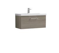 nuie ARN2525D Arno Modern Bathroom Wall Hung 1 Drawer Vanity Unit with Thin-Edge Ceramic Basin, 800mm, Woodgrain Solace Oak