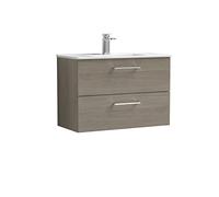 nuie ARN2526B Arno Modern Bathroom Wall Hung 2 Drawer Vanity Unit with Minimalist Ceramic Basin, 800mm, Woodgrain Solace Oak