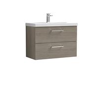 nuie ARN2526D Arno Modern Bathroom Wall Hung 2 Drawer Vanity Unit with Thin-Edge Ceramic Basin, 800mm, Woodgrain Solace Oak