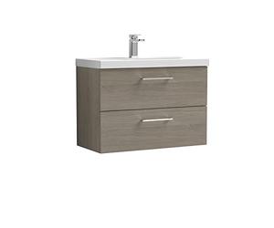 nuie ARN2526D Arno Modern Bathroom Wall Hung 2 Drawer Vanity Unit with Thin-Edge Ceramic Basin, Solace Oak