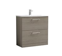 nuie ARN2535G Arno Modern Bathroom Floor Standing 2 Drawer Vanity Unit with Curved Ceramic Basin, Solace Oak
