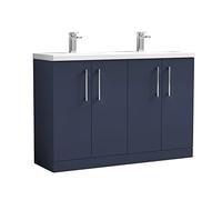nuie ARN2903F Arno Modern Bathroom Floor Standing 4 Soft Close Door Vanity Unit and Double Ceramic Basin, 1200mm, Midnight Blue