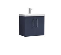 nuie ARN2923A Arno Modern Bathroom Wall Hung 2 Soft Close Door Vanity Unit and Mid-Edge Basin, 600mm, Midnight Blue