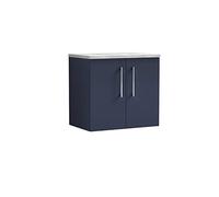 nuie ARN2923LBG Arno Modern Bathroom Wall Hung 2 Soft Close Door Vanity and Bellato Grey Laminate Worktop, 600mm, Midnight Blue
