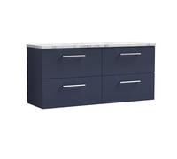 nuie ARN2924LCM2 Arno Modern Bathroom Wall Hung 4 Soft Close Drawer Vanity Unit and Carrera Marble Laminate Worktop, 1200mm, Midnight Blue