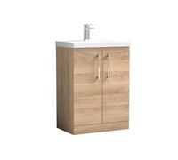nuie ARN3003D Arno Modern Bathroom Floor Standing 2 Soft Close Door Vanity Unit with 1 Tap Hole Thin-Edge Basin, 600mm, Bleached Oak Woodgrain