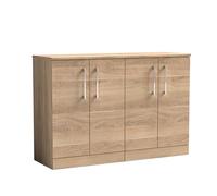 nuie ARN3003W2 Arno Modern Bathroom Floor Standing 4 Soft Close Door Double Vanity with Colour Coordinating Worktop, 1200mm, Bleached Oak Woodgrain