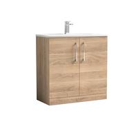nuie ARN3005G Arno Modern Bathroom Floor Standing 2 Soft Close Door Vanity Unit with 1 Tap Hole Curved Basin, 800mm, Bleached Oak Woodgrain