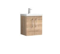 nuie ARN3021D Arno Modern Bathroom Wall Hung 2 Soft Close Door Vanity Unit and Thin-Edge Basin, 500mm, Bleached Oak Woodgrain