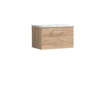 nuie ARN3022LCM Arno Modern Bathroom Wall Hung 1 Soft Close Drawer Vanity Unit and Carrera Marble Laminate Worktop, 600mm, Bleached Oak Woodgrain