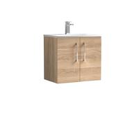 nuie ARN3023G Arno Modern Bathroom Wall Hung 2 Soft Close Door Vanity Unit and Curved Basin, 600mm, Bleached Oak Woodgrain