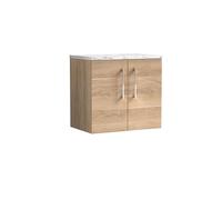 nuie ARN3023LCM Arno Modern Bathroom Wall Hung 2 Soft Close Door Vanity Unit and Carrera Marble Laminate Worktop, 600mm, Bleached Oak Woodgrain