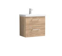 nuie ARN3024D Arno Modern Bathroom Wall Hung 2 Soft Close Drawer Vanity Unit and Thin-Edge Basin, 600mm, Bleached Oak Woodgrain