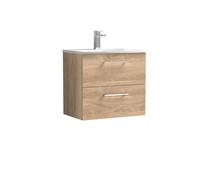 nuie ARN3024G Arno Modern Bathroom Wall Hung 2 Soft Close Drawer Vanity Unit and Curved Basin, 600mm, Bleached Oak Woodgrain