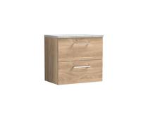 Nuie Arno Woodgrain Wall Hung 2 Drawer Vanity Unit with Bellato Grey Worktop | Bleached Oak | MFC | 600mm
