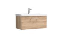 nuie ARN3025D Arno Modern Bathroom Wall Hung 1 Soft Close Drawer Vanity Unit and Thin-Edge Basin, 800mm, Bleached Oak Woodgrain