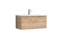 nuie ARN3025G Arno Modern Bathroom Wall Hung 1 Soft Close Drawer Vanity Unit and Curved Basin, 800mm, Bleached Oak Woodgrain