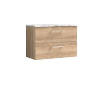 nuie ARN3026LCM Arno Modern Bathroom Wall Hung 2 Soft Close Drawer Vanity Unit and Carrera Marble Laminate Worktop, 800mm, Bleached Oak Woodgrain