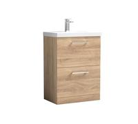nuie ARN3033A Arno Modern Bathroom Floor Standing 2 Soft Close Drawer Vanity Unit with 1 Tap Hole Mid-Edge Basin, 600mm, Bleached Oak Woodgrain
