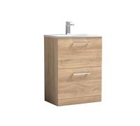 nuie ARN3033G Arno Modern Bathroom Floor Standing 2 Soft Close Drawer Vanity Unit with 1 Tap Hole Curved Basin, 600mm, Bleached Oak Woodgrain