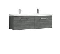 nuie ARN522F Arno Modern Bathroom Wall Hung 2 Drawer Double Vanity Unit with Twin Ceramic Basin, 1200mm, Woodgrain Anthracite