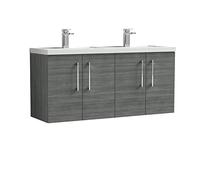 nuie ARN523C Arno Modern Bathroom Wall Hung 4 Door Double Vanity Unit with Twin Polymarble Basin, 1200mm, Woodgrain Anthracite